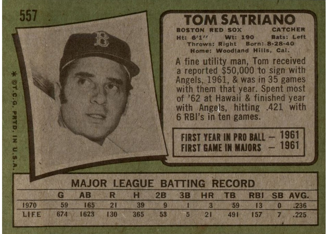 1971 Topps #557 Tom Satriano card back