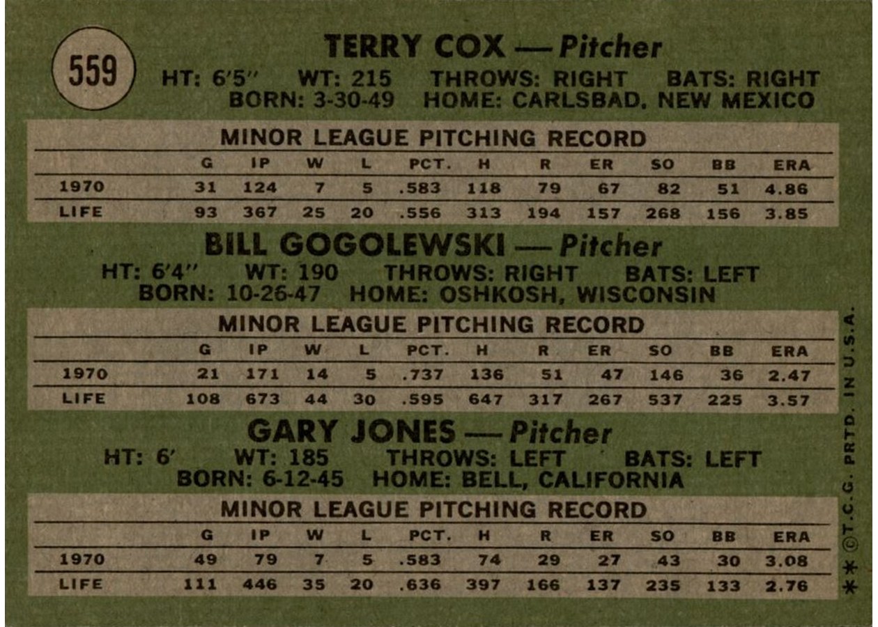 1971 Topps #559 American League 1971 Rookie Stars card back