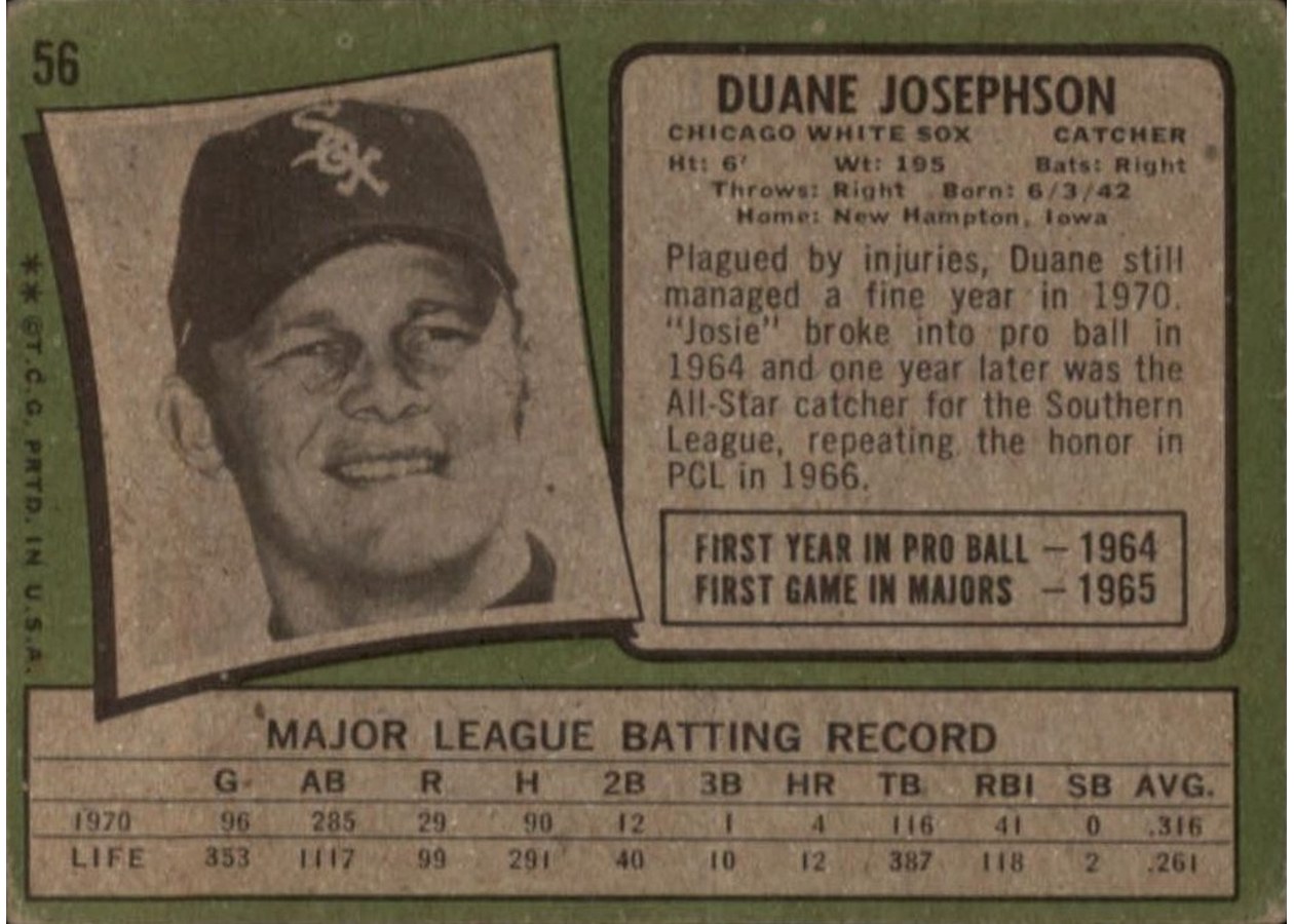 1971 Topps #56 Duane Josephson card back
