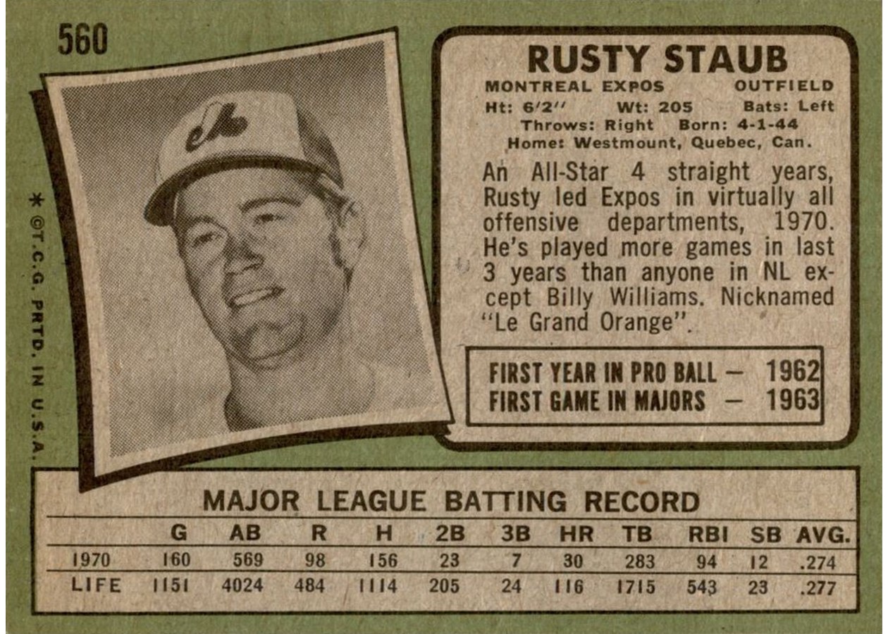 1971 Topps #560 Rusty Staub card back