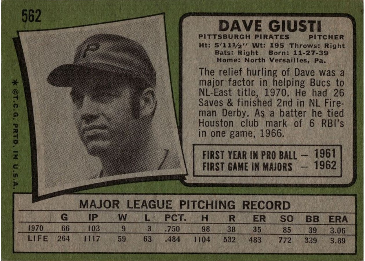 1971 Topps #562 Dave Giusti card back