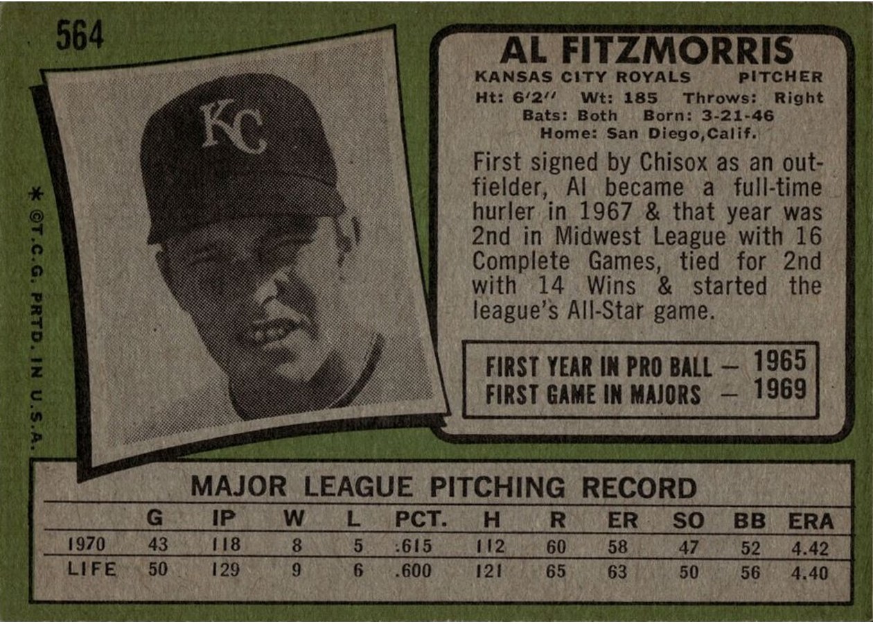 1971 Topps #564 Al Fitzmorris card back