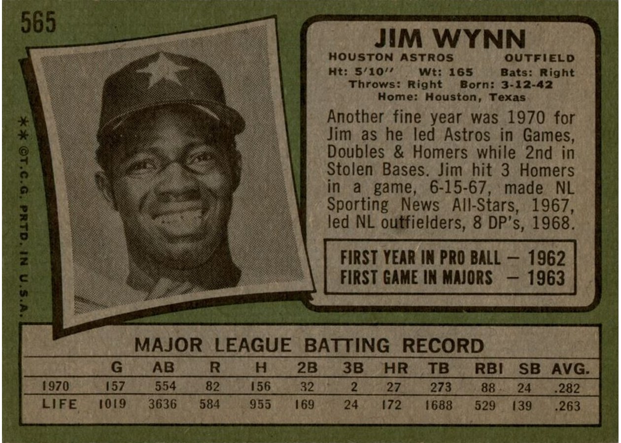 1971 Topps #565 Jim Wynn card back