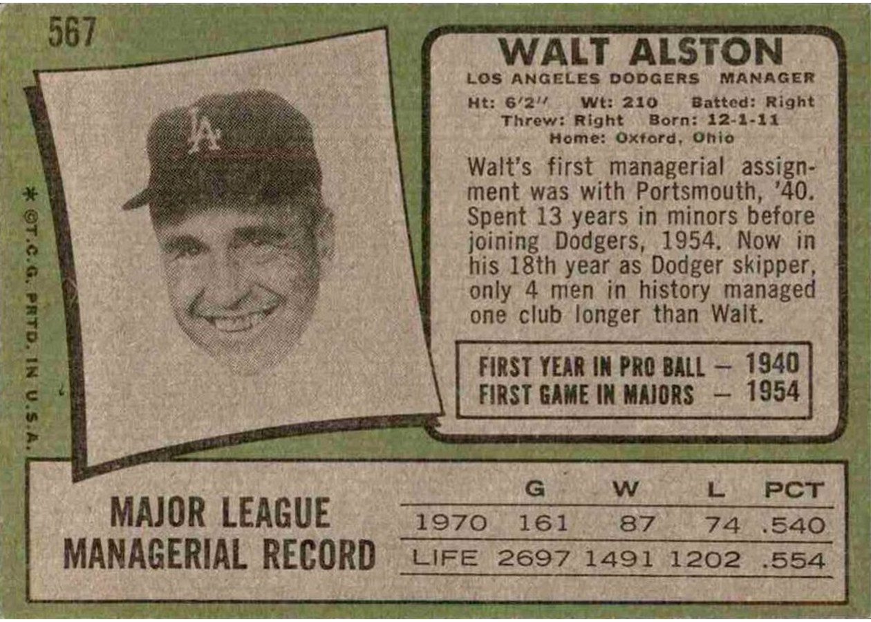 1971 Topps #567 Walt Alston card back