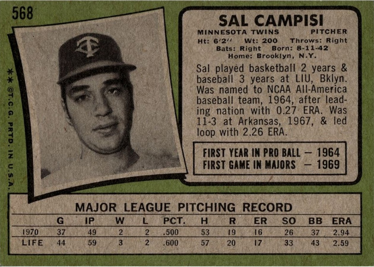 1971 Topps #568 Sal Campisi card back