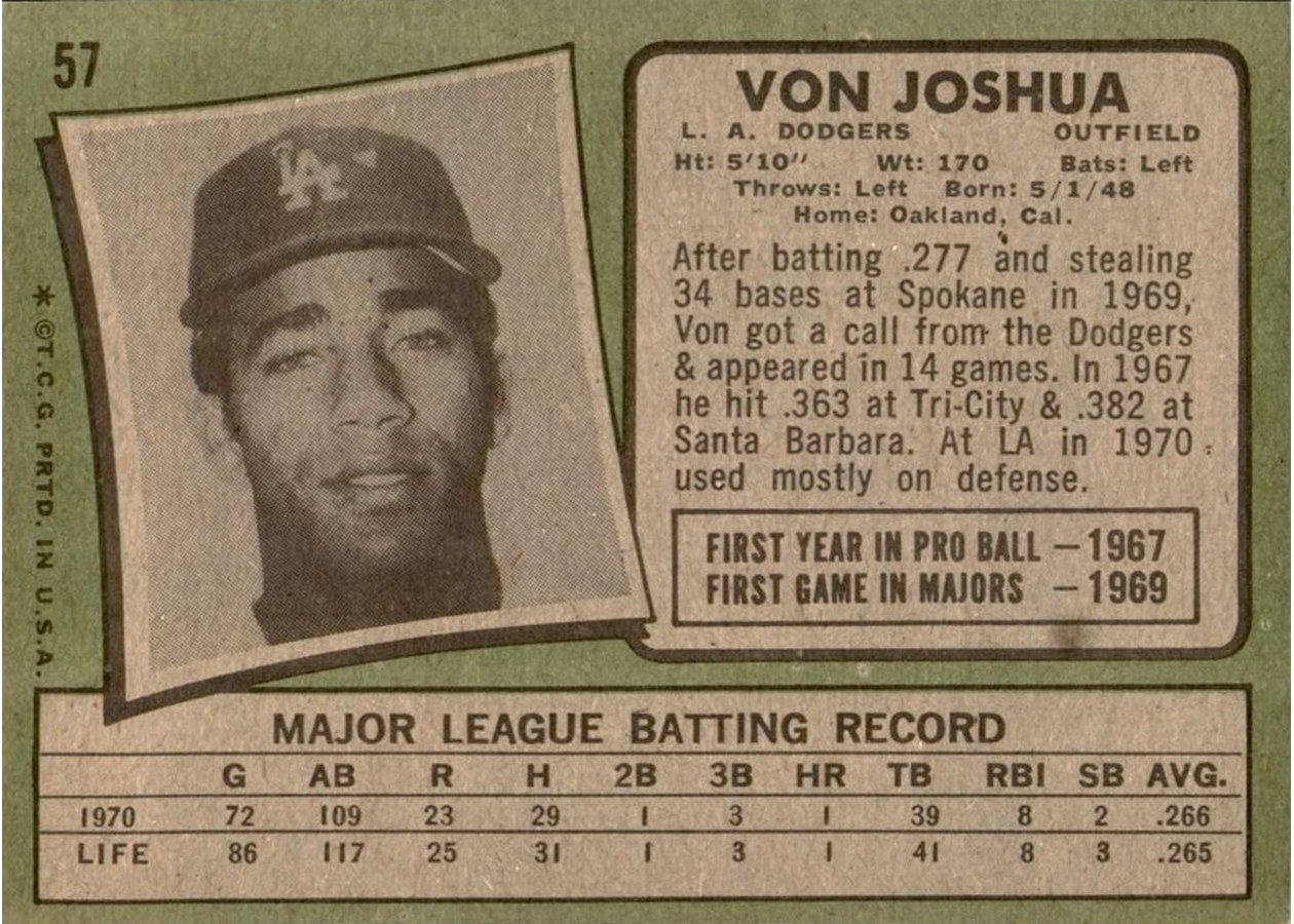 1971 Topps #57 Von Joshua card back