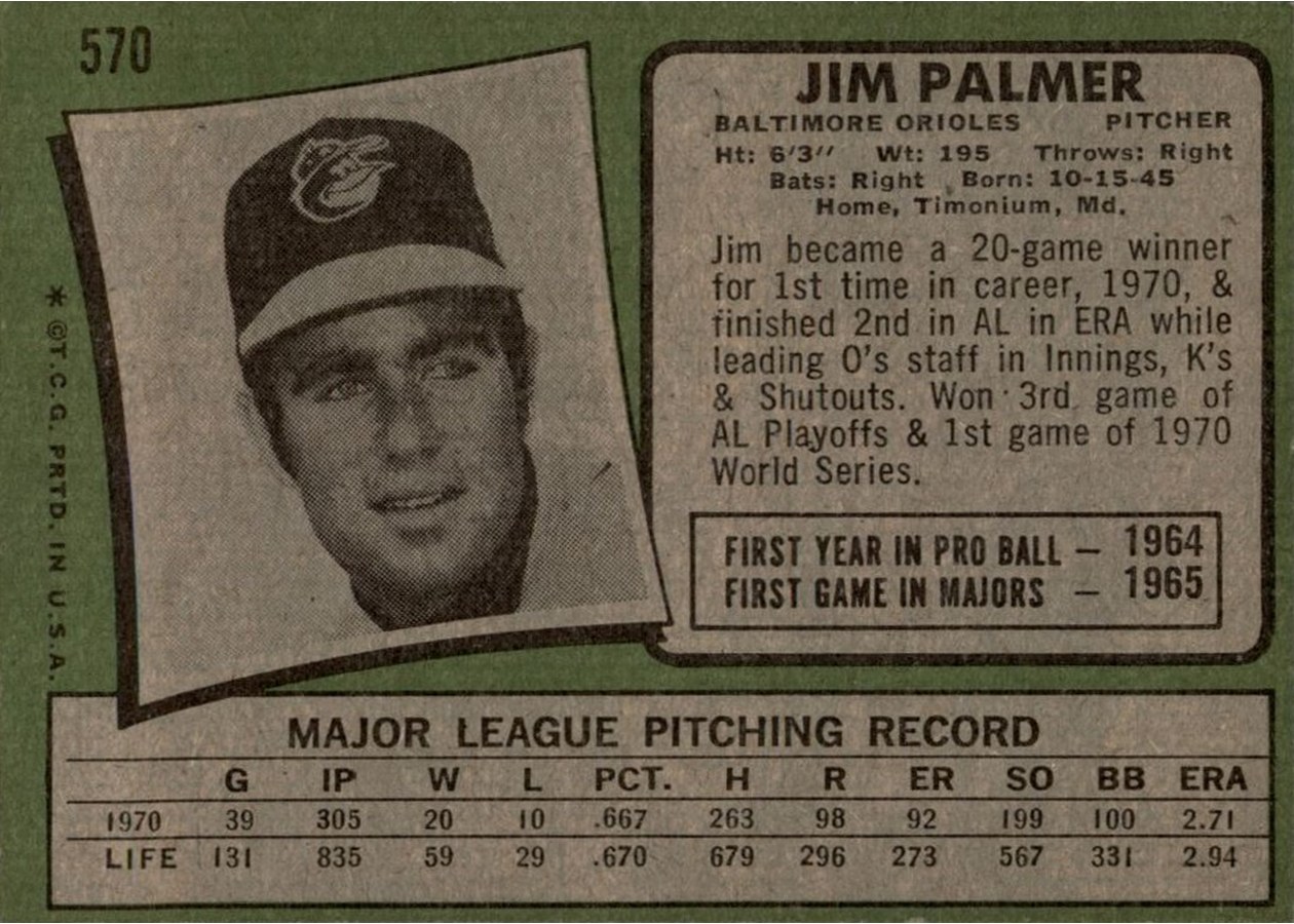 1971 Topps #570 Jim Palmer card back