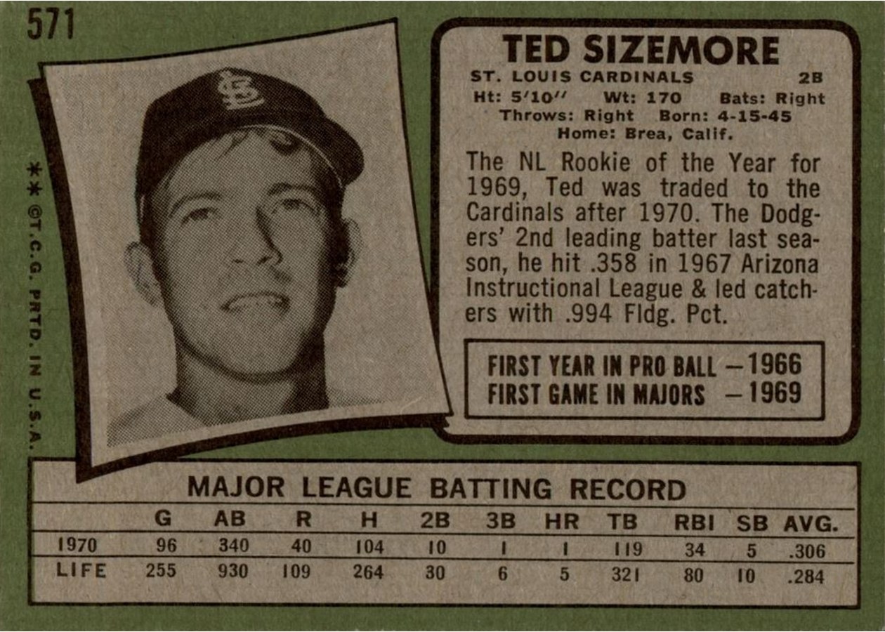 1971 Topps #571 Ted Sizemore card back