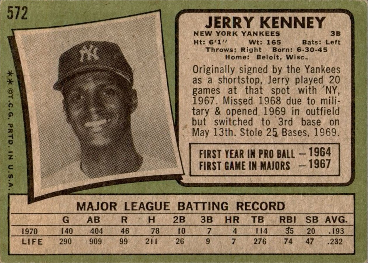 1971 Topps #572 Jerry Kenney card back