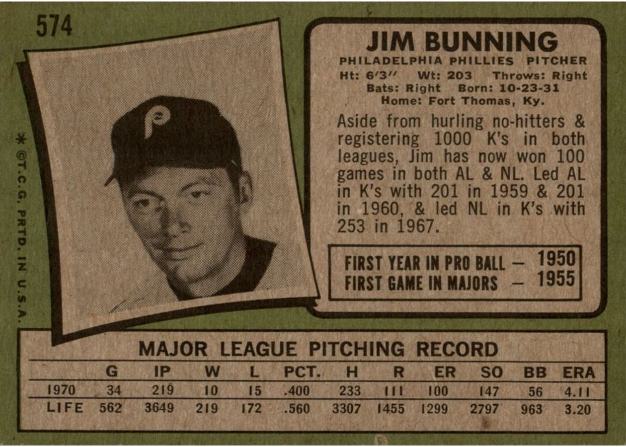 1971 Topps #574 Jim Bunning card back