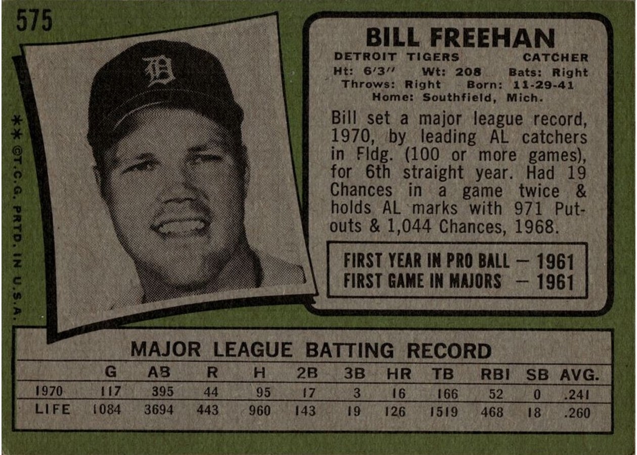1971 Topps #575 Bill Freehan card back