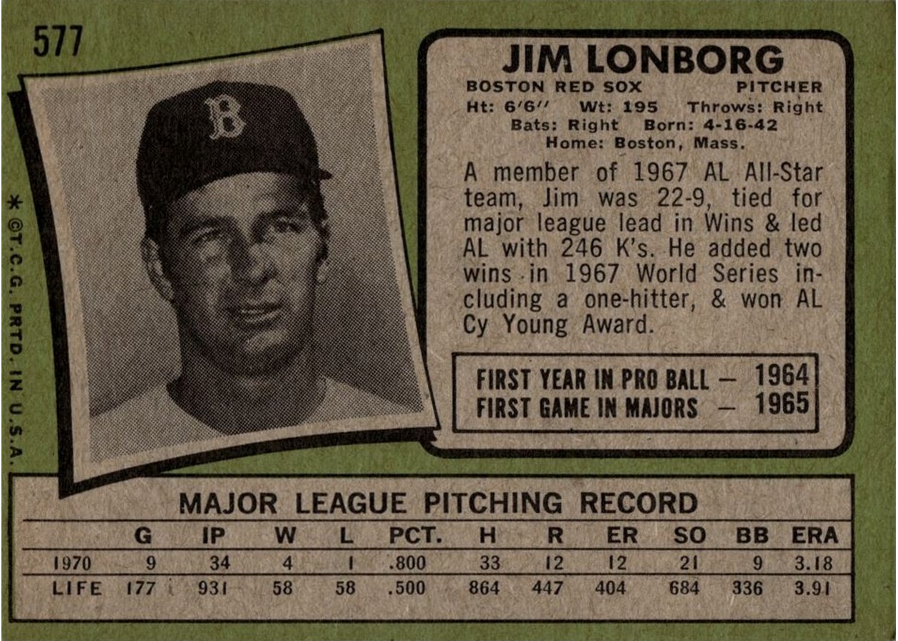 1971 Topps #577 Jim Lonborg card back