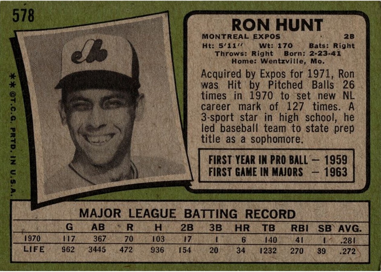 1971 Topps #578 Ron Hunt card back