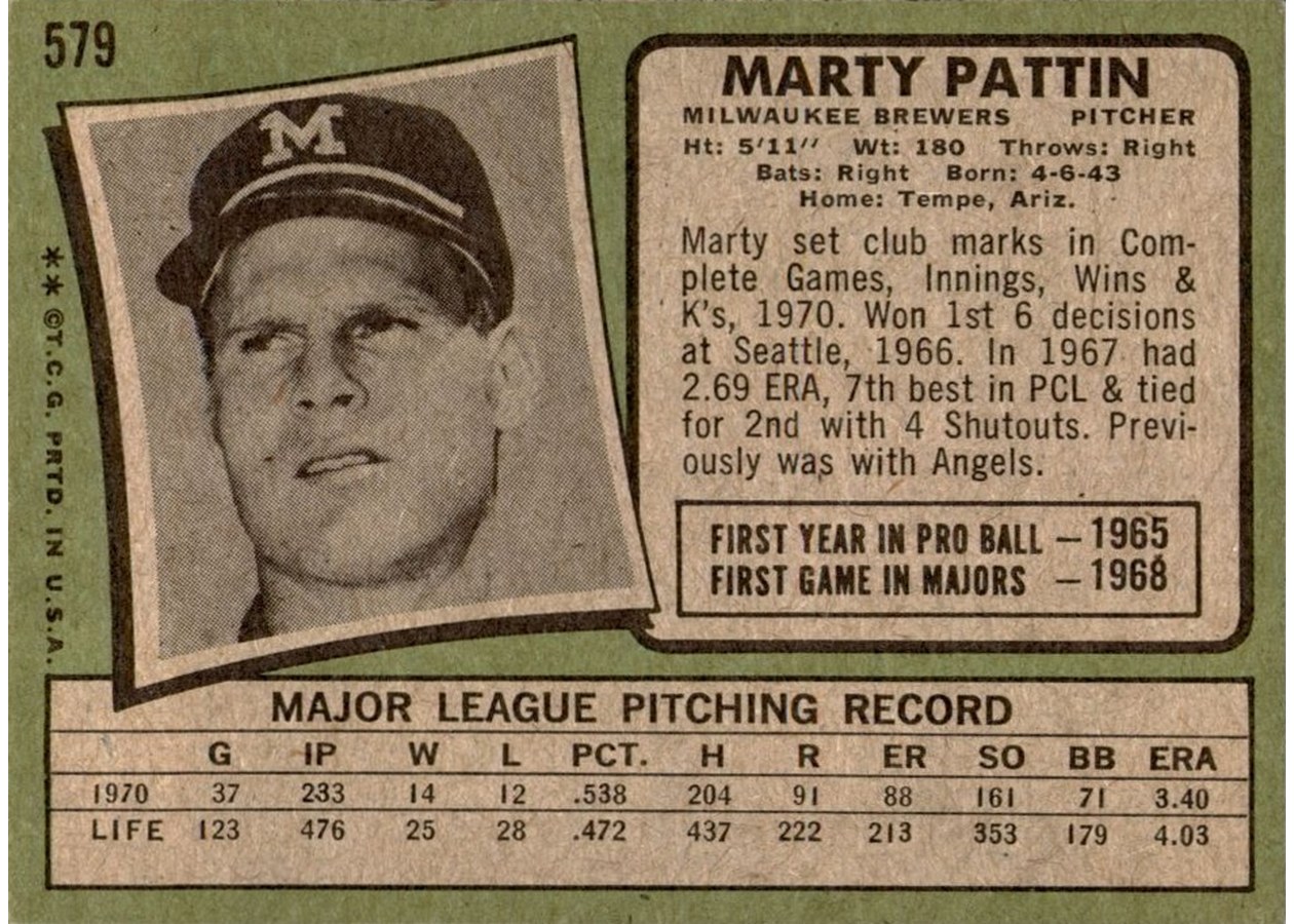 1971 Topps #579 Marty Pattin card back
