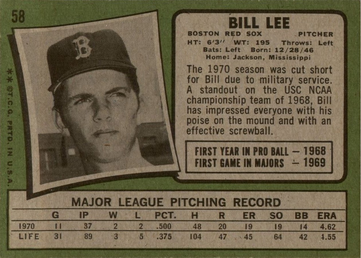 1971 Topps #58 Bill Lee card back