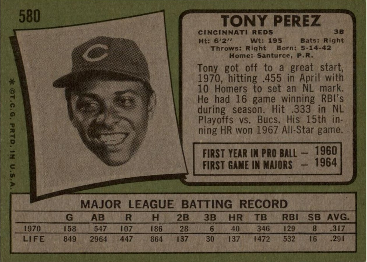 1971 Topps #580 Tony Perez card back