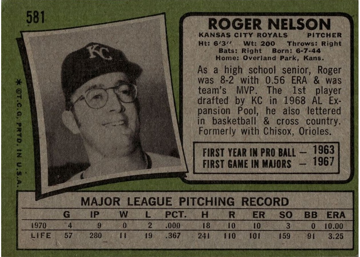 1971 Topps #581 Roger Nelson card back