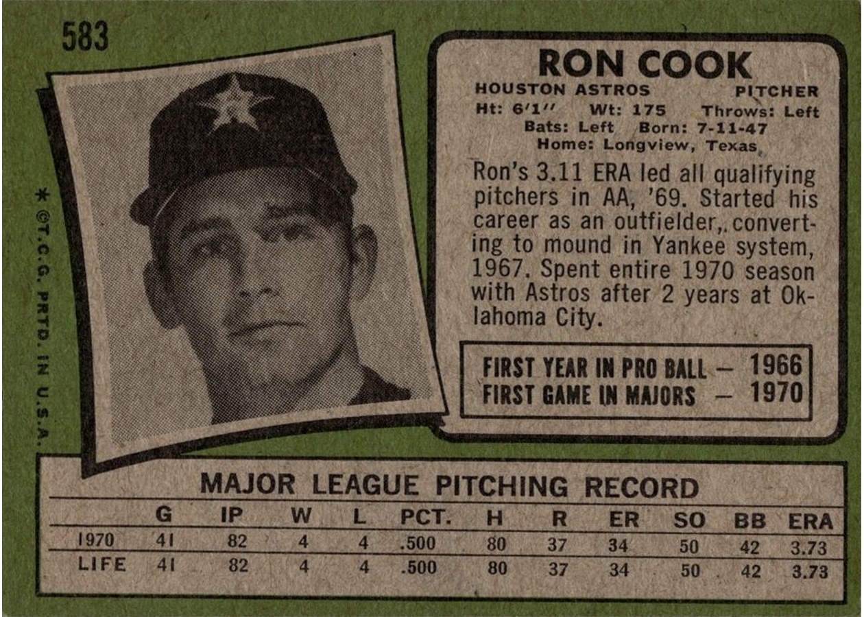 1971 Topps #583 Ron Cook card back