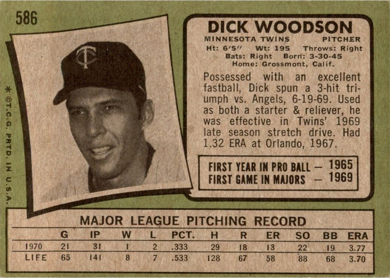 1971 Topps #586 Dick Woodson card back