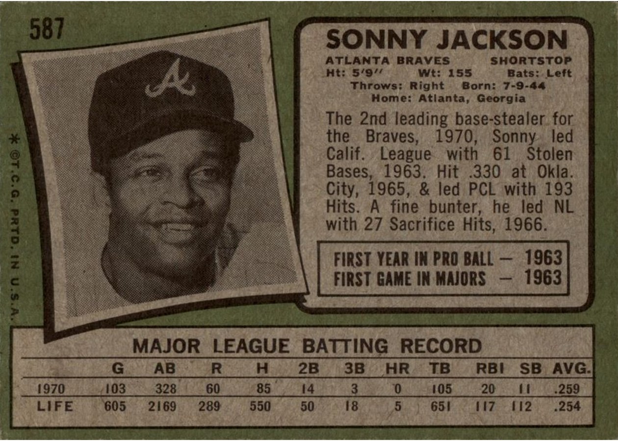 1971 Topps #587 Sonny Jackson card back