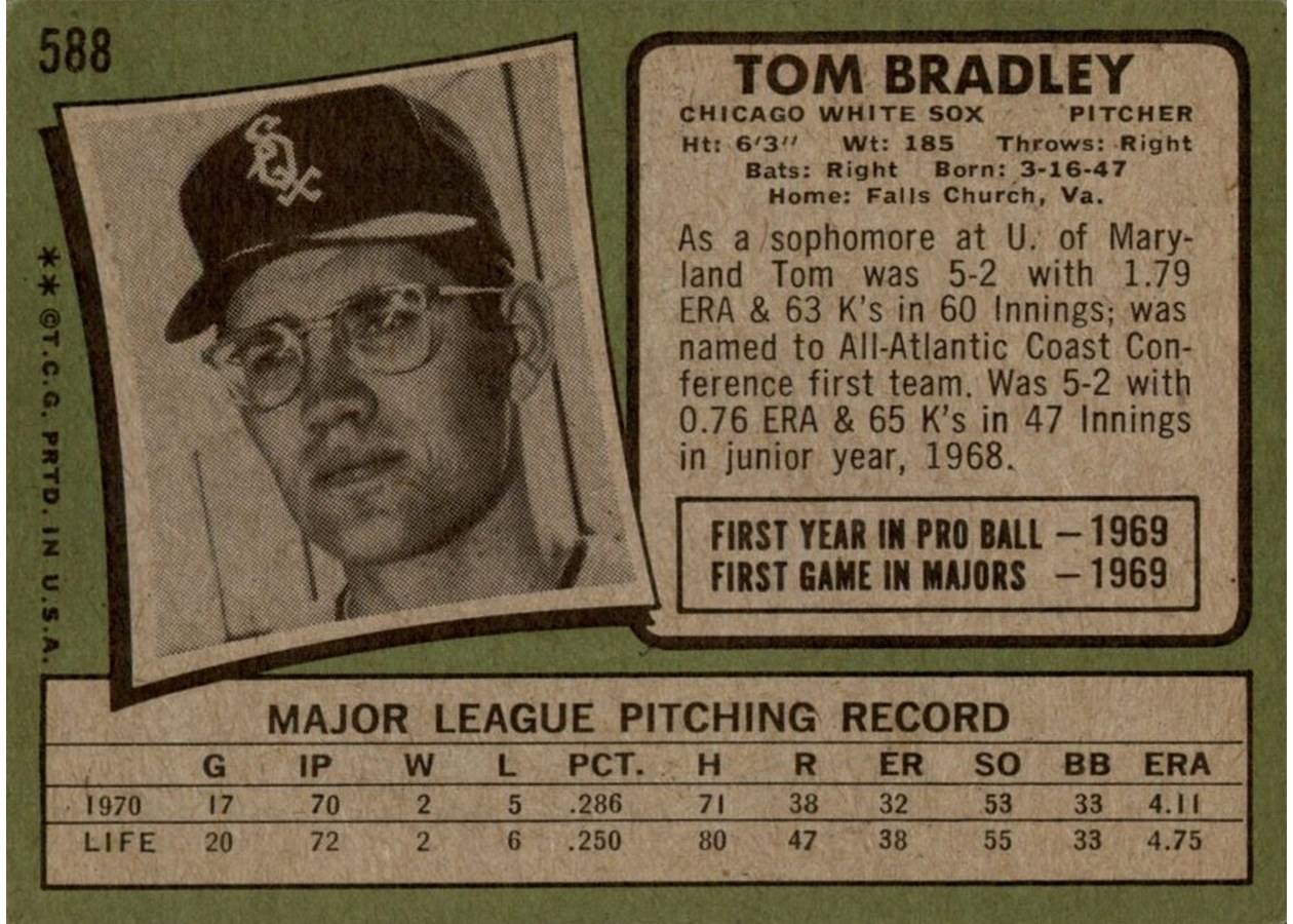 1971 Topps #588 Tom Bradley card back