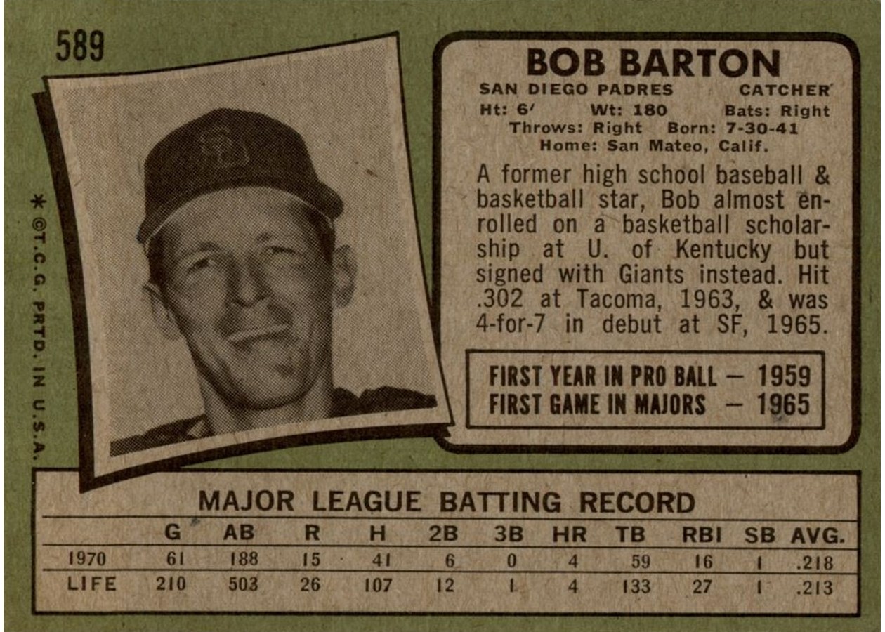 1971 Topps #589 Bob Barton card back