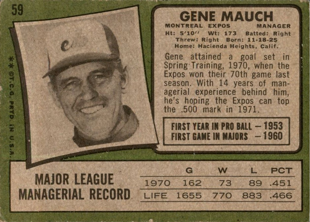 1971 Topps #59 Gene Mauch card back