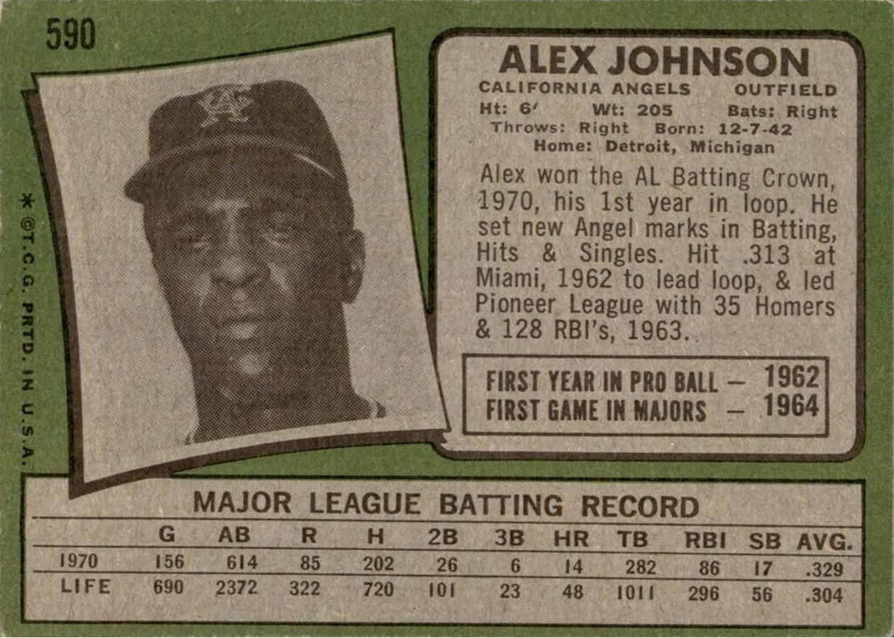 1971 Topps #590 Alex Johnson card back