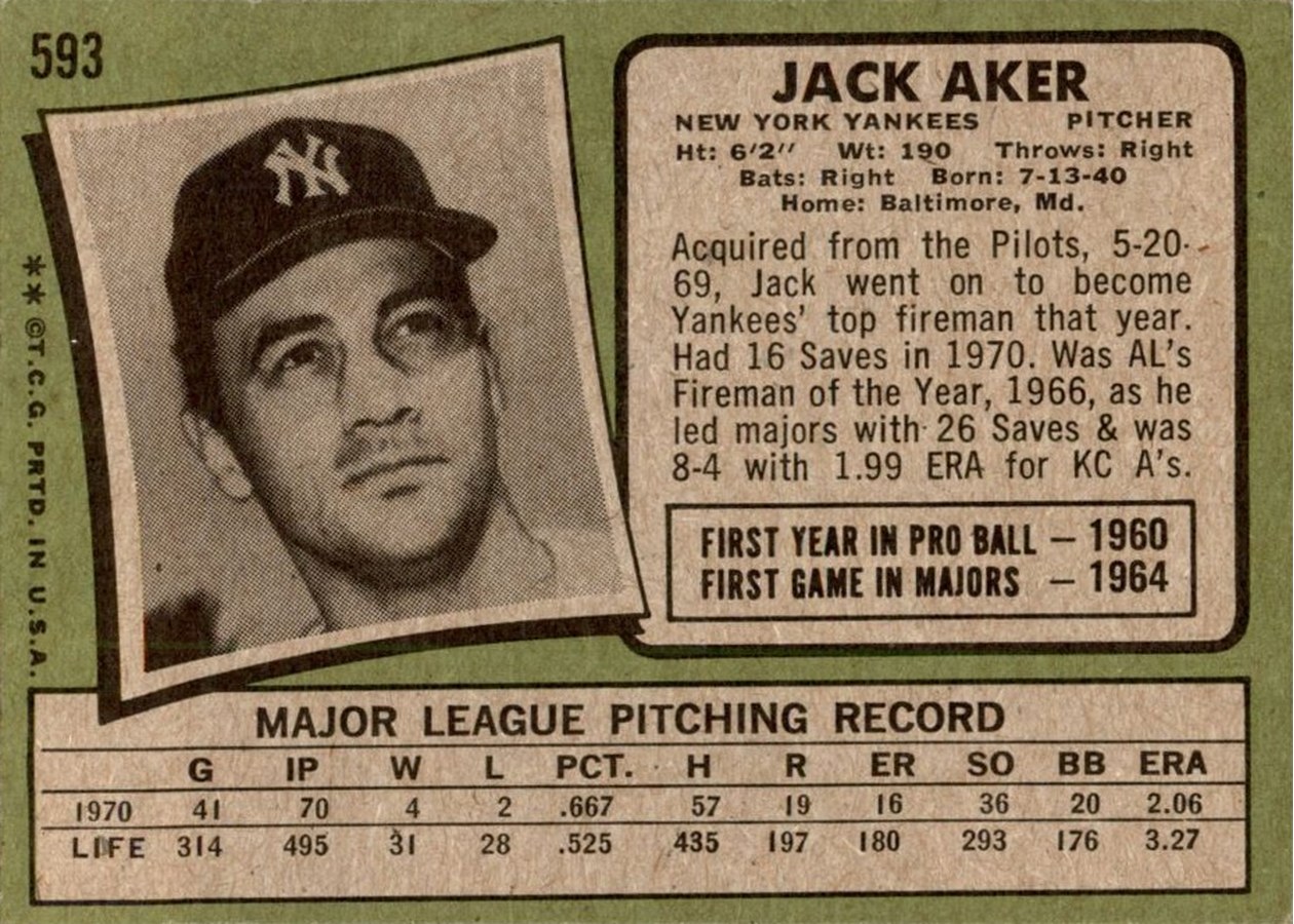 1971 Topps #593 Jack Aker card back