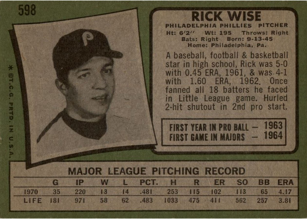 1971 Topps #598 Rick Wise card back