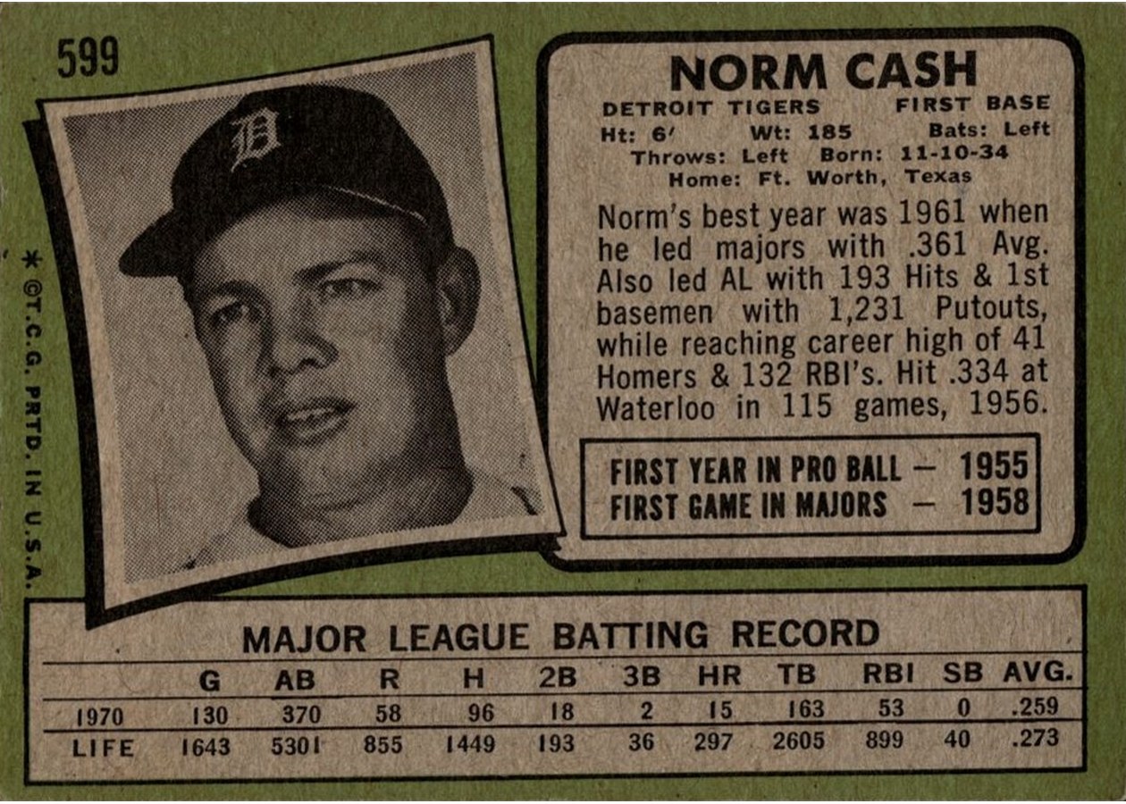 1971 Topps #599 Norm Cash card back