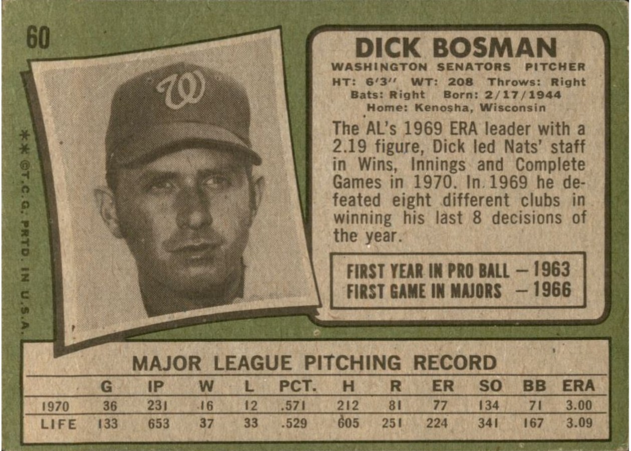 1971 Topps #60 Dick Bosman card back