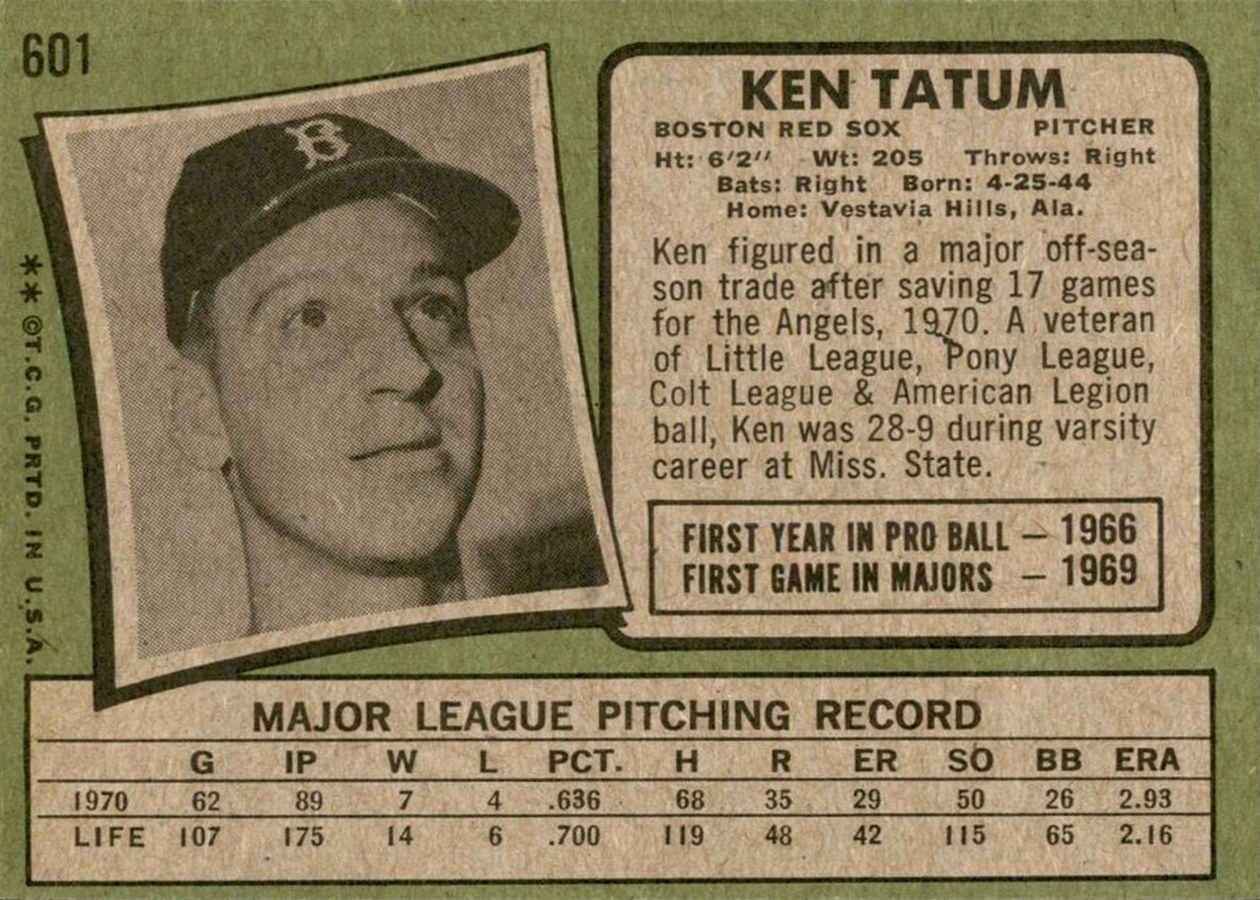 1971 Topps #601 Ken Tatum card back