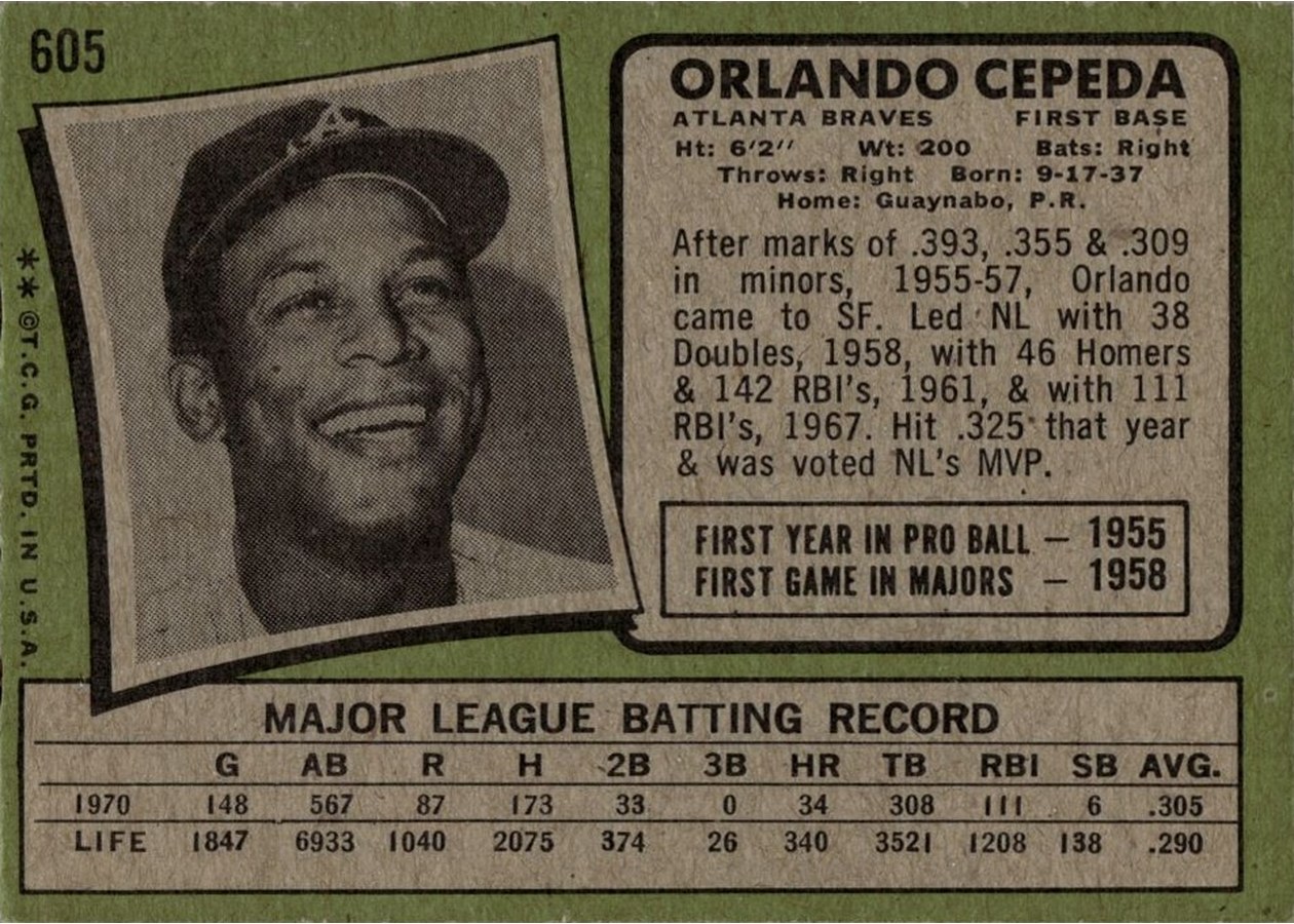 1971 Topps #605 Orlando Cepeda card back