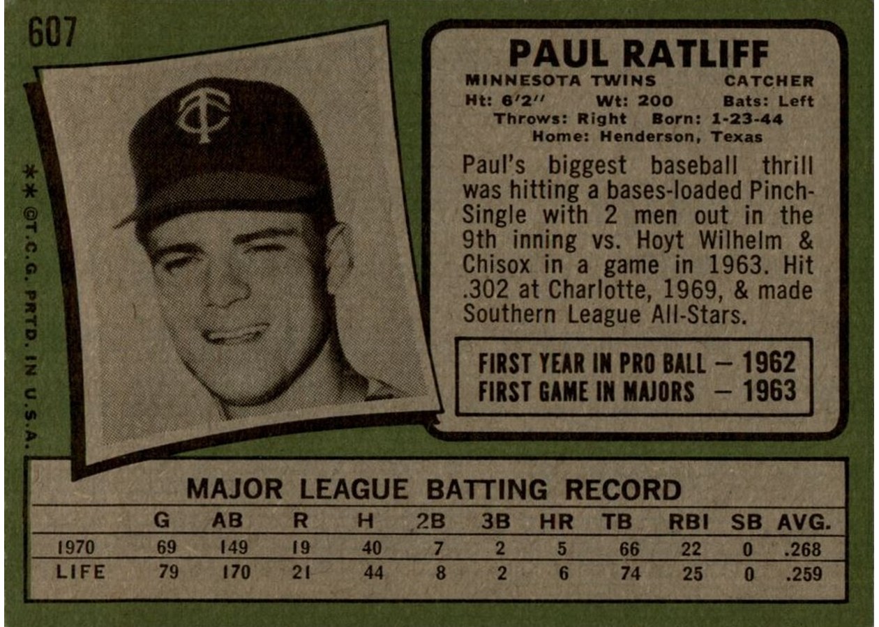 1971 Topps #607 Paul Ratliff card back