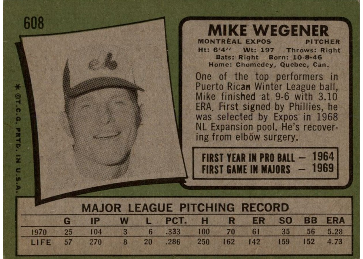 1971 Topps #608 Mike Wegener card back