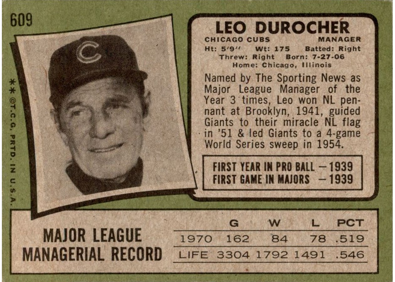 1971 Topps #609 Leo Durocher card back