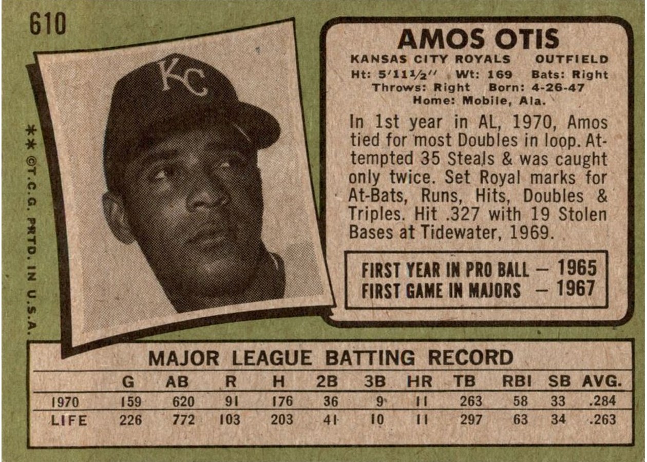1971 Topps #610 Amos Otis card back