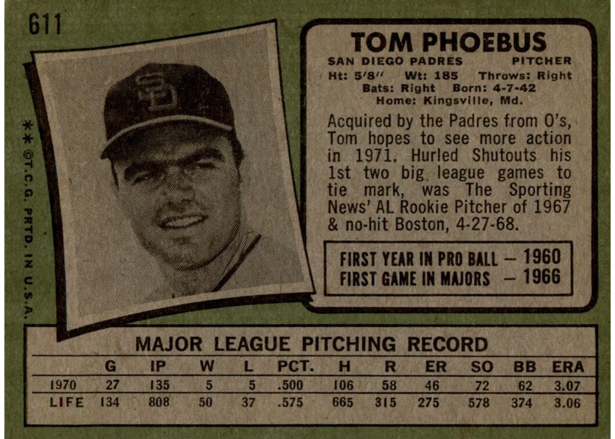 1971 Topps #611 Tom Phoebus card back