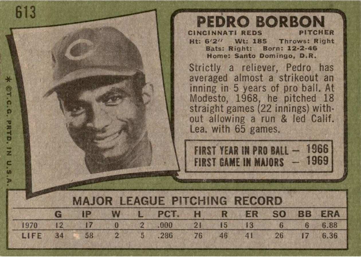1971 Topps #613 Pedro Borbon card back