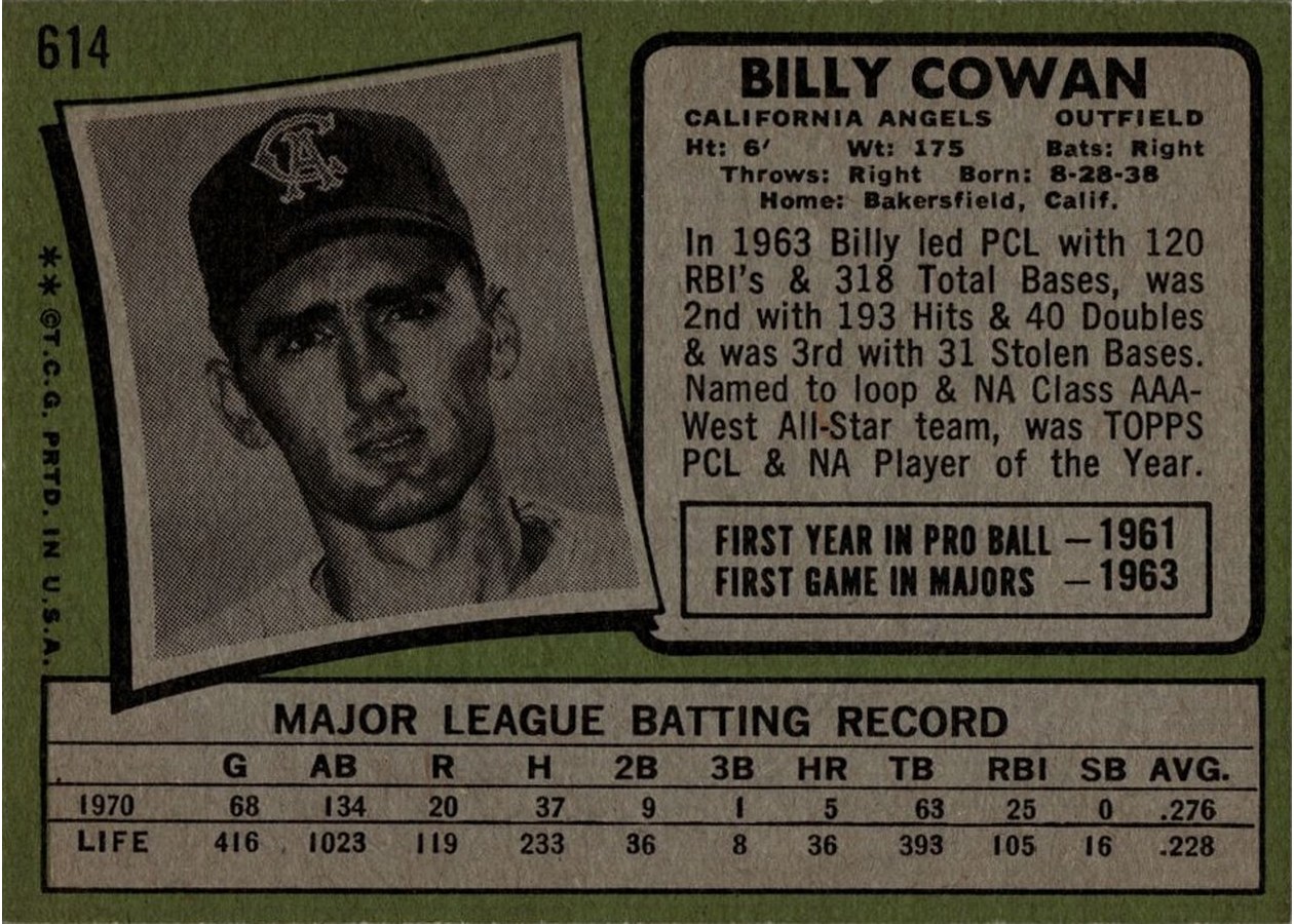 1971 Topps #614 Billy Cowan card back