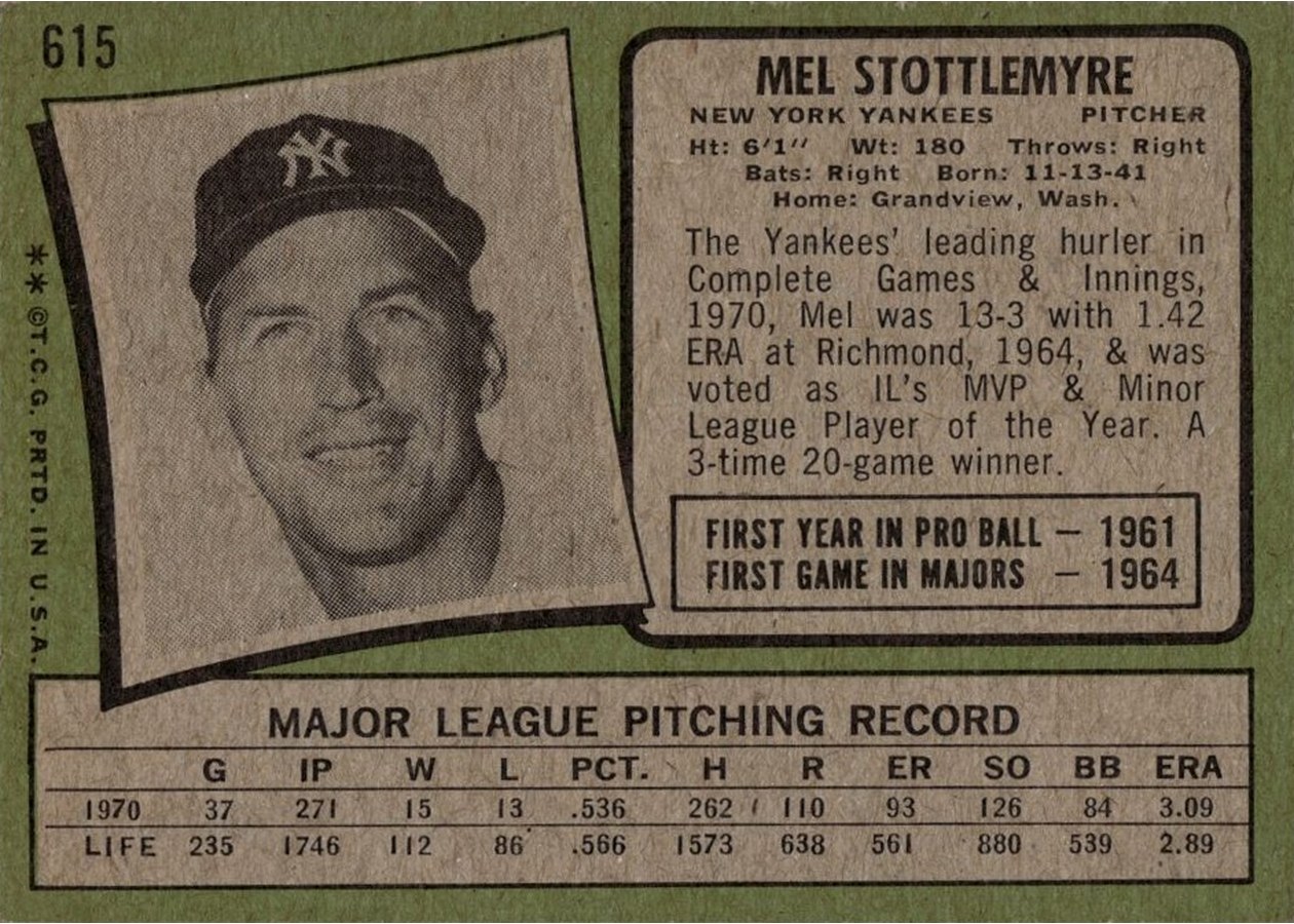 1971 Topps #615 Mel Stottlemyre card back
