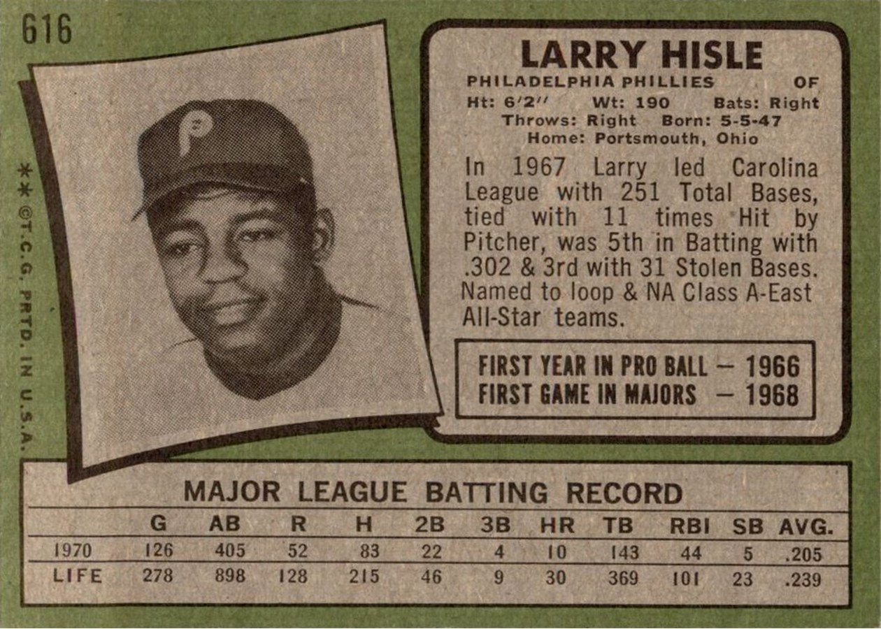 1971 Topps #616 Larry Hisle card back