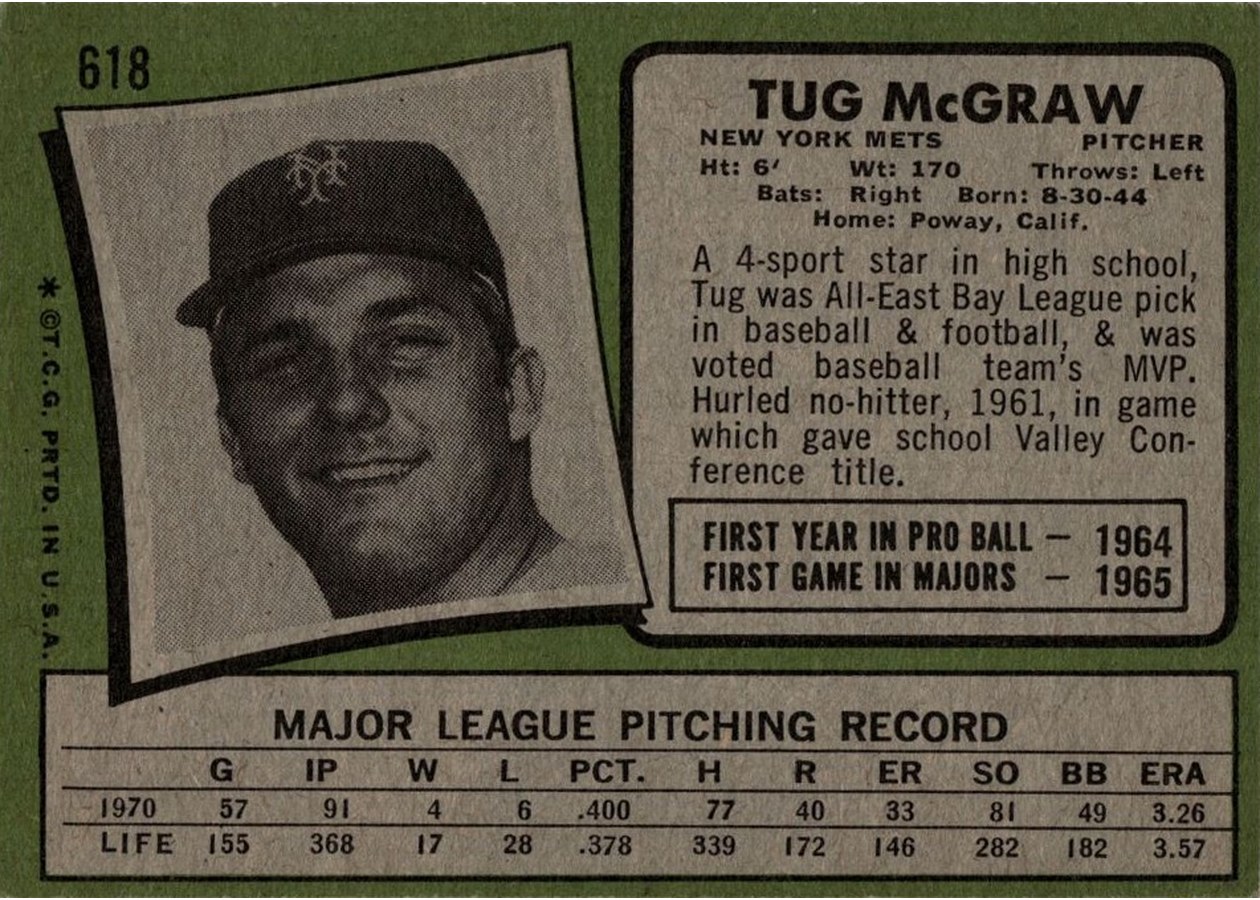 1971 Topps #618 Tug McGraw card back