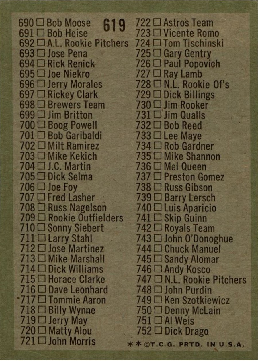 1971 Topps #619 Checklist: 644-752 card back