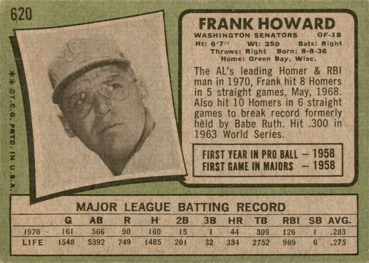 1971 Topps #620 Frank Howard card back
