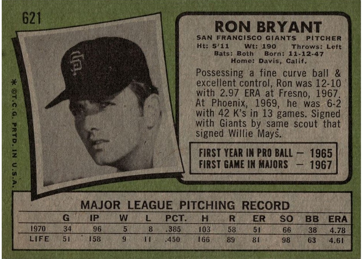 1971 Topps #621 Ron Bryant card back