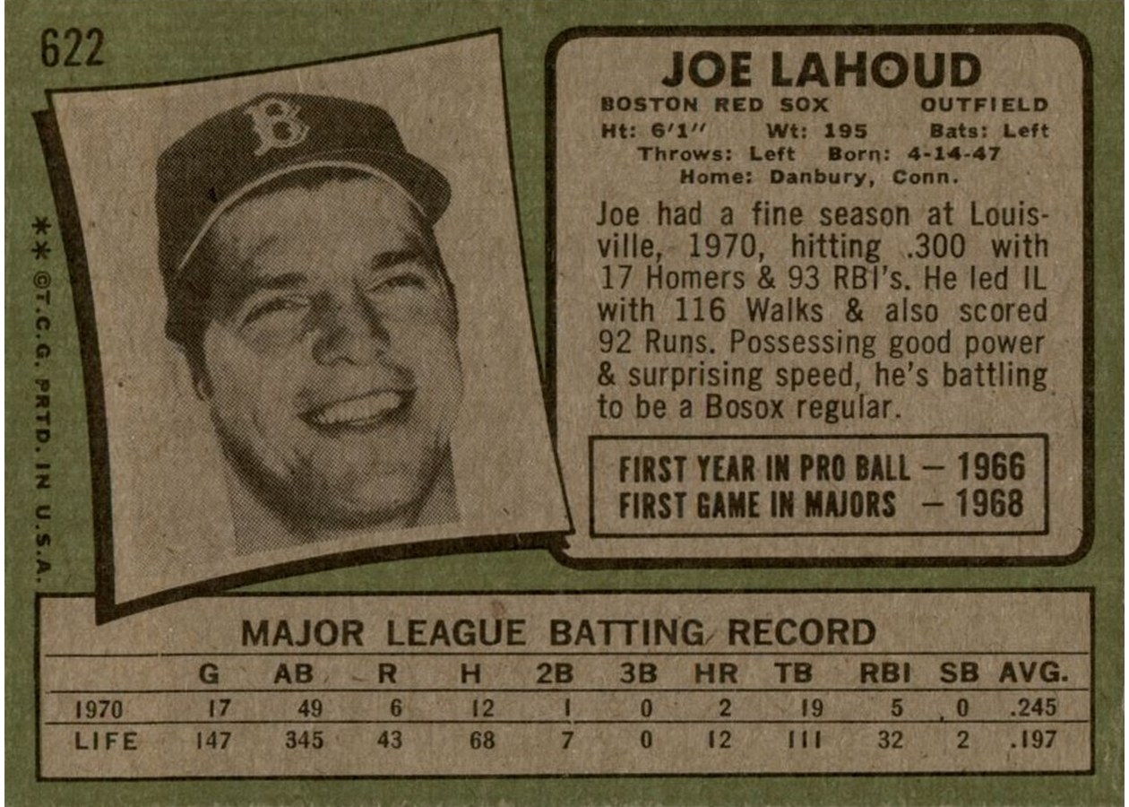 1971 Topps #622 Joe Lahoud card back