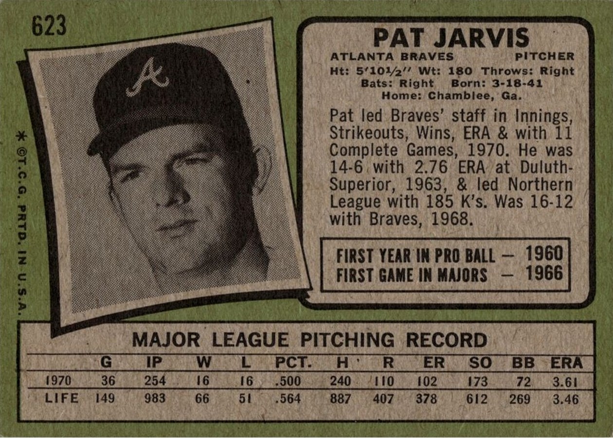 1971 Topps #623 Pat Jarvis card back