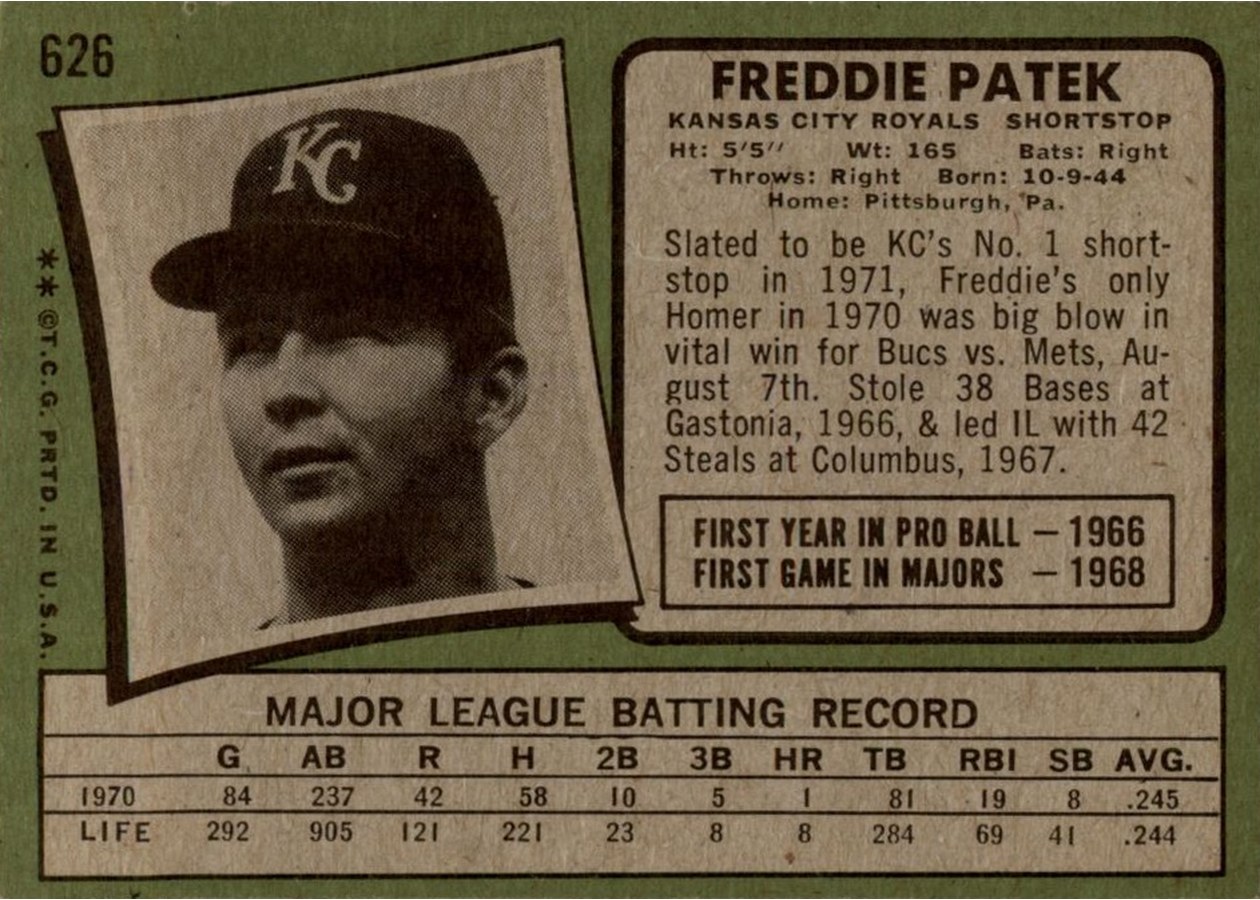 1971 Topps #626 Freddie Patek card back